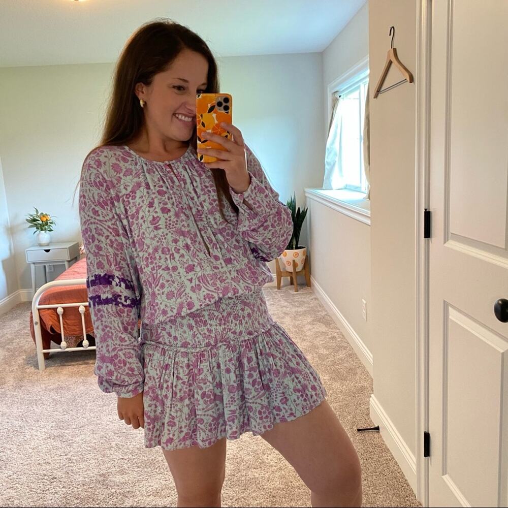 Hemant & Nandita Blue Purple Floral Sequin Smocked Long Sleeve Mini Dress XS - Picture 14 of 16